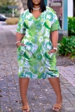 Green Casual Print Patchwork V Neck Short Sleeve Dress