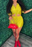 Yellow Casual Solid Patchwork Shirt Collar Short Sleeve Two Pieces