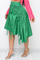 Green Casual Solid Draw String Fold Regular High Waist Type A Solid Color Bottoms
