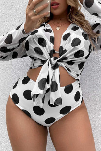 Black White Sexy Print Patchwork Cardigan Collar Plus Size Swimwear