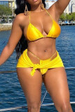 Yellow Sexy Solid Bandage Patchwork Asymmetrical 3 Piece Sets