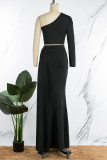 Red Sexy Formal Solid Patchwork Oblique Collar Evening Dress (Without Belt)