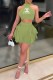 Light Green Sexy Street Print Backless Stringy Selvedge Halter Sleeveless Two Pieces