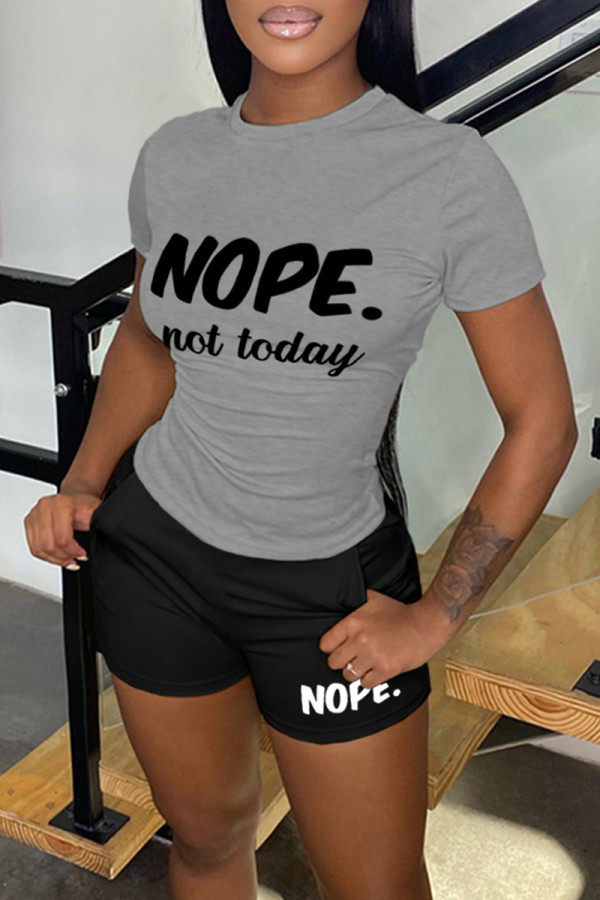 Grey Casual Daily Letter Print Basic O Neck Short Sleeve Two Pieces