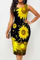 Yellow Black Casual Print Patchwork U Neck Vest Dress Dresses