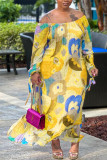 Purple Casual Print Backless Off the Shoulder Long Sleeve Dresses