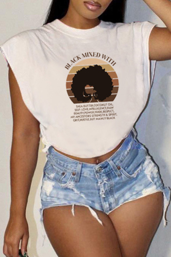 White Casual Print Slit O Neck T-Shirts