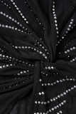 Black Sexy Solid Patchwork See-through Slit Hot Drill Spaghetti Strap Sling Dress Dresses