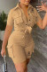 Khaki Casual Print Letter Turndown Collar Short Sleeve Two Pieces