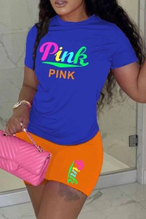 Orange Casual Print Letter O Neck Short Sleeve Two Pieces