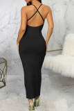 Black Sexy Solid Patchwork Spaghetti Strap Pencil Skirt Plus Size Dresses