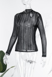 Apricot Sexy Patchwork Hot Drilling See-through Half A Turtleneck Tops