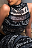 Black Sexy Print Patchwork See-through O Neck Sleeveless Two Pieces