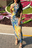Blue Sexy Print Patchwork Backless Halter One Step Skirt Dresses