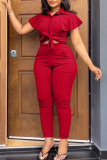 Red Casual Solid Bandage Patchwork Buckle Flounce Turndown Collar Short Sleeve Two Pieces