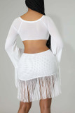 White Sexy Solid Tassel Patchwork V Neck Long Sleeve Two Pieces