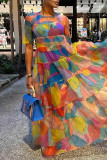 Purple Casual Print Patchwork O Neck Straight Dresses