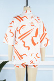 Orange Vacation Print Patchwork Turndown Collar Short Sleeve Three Pieces