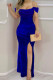 Blue Sexy Solid Patchwork Metal Accessories Decoration Slit Spaghetti Strap Sling Dress Dresses