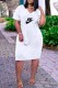 White Casual Print Letter V Neck Straight Dresses