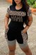 Black Sexy Street Print Patchwork Letter O Neck Short Sleeve Two Pieces