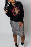 Black Casual Daily Print Patchwork O Neck Tops