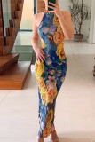 Blue Sexy Print Patchwork Backless Halter One Step Skirt Dresses