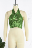 Green Sexy Street Solid Bandage Patchwork Halter Tops