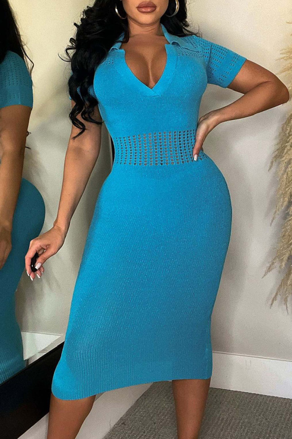 Blue Sexy Solid Hollowed Out Patchwork V Neck Pencil Skirt Dresses