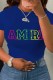 Blue Casual Print Letter O Neck T-Shirts