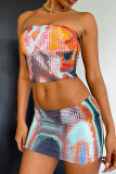 Colour Sexy Print Patchwork Strapless Sleeveless Two Pieces