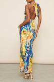 Blue Sexy Print Patchwork Backless Halter One Step Skirt Dresses