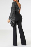 Colour Sexy Solid Sequins Patchwork V Neck Straight Jumpsuits