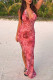 Red Sexy Print Patchwork Stringy Selvedge Halter One Step Skirt Dresses