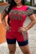 Red Sexy Street Print Patchwork Letter O Neck Short Sleeve Two Pieces