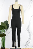Black Casual Sportswear Letter Patchwork Print Backless U Neck Skinny Jumpsuits