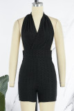 Black Sexy Solid Patchwork Backless Halter Skinny Rompers