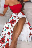 Red Celebrities Print Patchwork Slit Asymmetrical Off the Shoulder Sleeveless Two Pieces