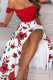 Red Celebrities Print Patchwork Slit Asymmetrical Off the Shoulder Sleeveless Two Pieces