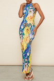 Blue Sexy Print Patchwork Backless Halter One Step Skirt Dresses
