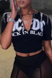 Black Sexy Print Tassel V Neck T-Shirts