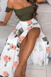 Red Celebrities Print Patchwork Slit Asymmetrical Off the Shoulder Sleeveless Two Pieces