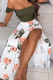 Green Celebrities Print Patchwork Slit Asymmetrical Off the Shoulder Sleeveless Two Pieces