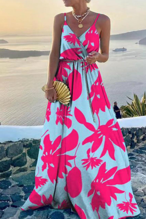 Rose Red Sexy Print Patchwork Spaghetti Strap Sling Dress Dresses