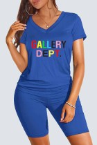 Blue Casual Print Letter V Neck Short Sleeve Two Pieces