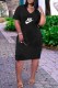 Black Casual Print Letter V Neck Straight Dresses