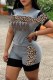 Grey Sexy Street Print Patchwork Letter O Neck Short Sleeve Two Pieces