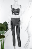 Black Sexy Solid Patchwork See-through Backless Spaghetti Strap Sleeveless Two Pieces