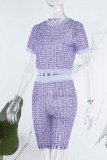 Purple Sexy Street Geometric Patchwork O Neck Short Sleeve Two Pieces