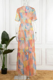 Purple Casual Print Patchwork O Neck Straight Dresses